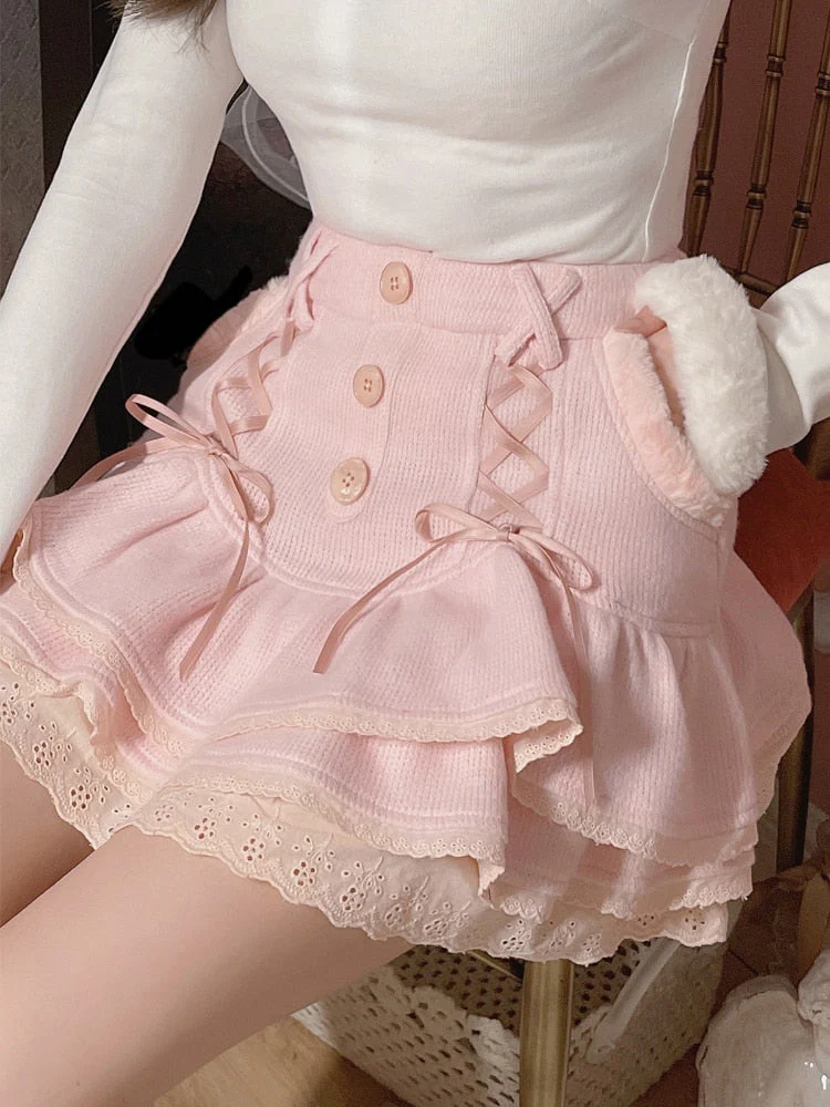 Pink Ruffled Kawaii Skirt with Lace & Bows